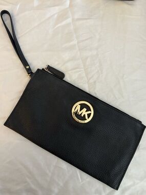 Michael Kors Black Leather Wristlet with Gold Hardware